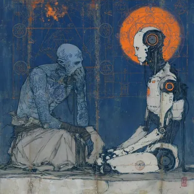 The Machine’s Wisdom: A new piece born from a collaboration between @midjourneyartpl and @daaroan. We explored a sci-fi theme blending spirituality and technology, with a focus on color, atmosphere, and the interaction between a human and a humanoid robot. @midjourneyartpl created a series of images, and I selected this one to reinterpret it using my usual tools. I’m really happy with the result and this collaboration, which merges our styles, visions, and techniques. Created in April 2026. First image: final version reworked by @daaroan using Leonardo AI & Photoshop Second image: original version created by @midjourneyartpl using Midjourney - AI artwork, 3 May 2026